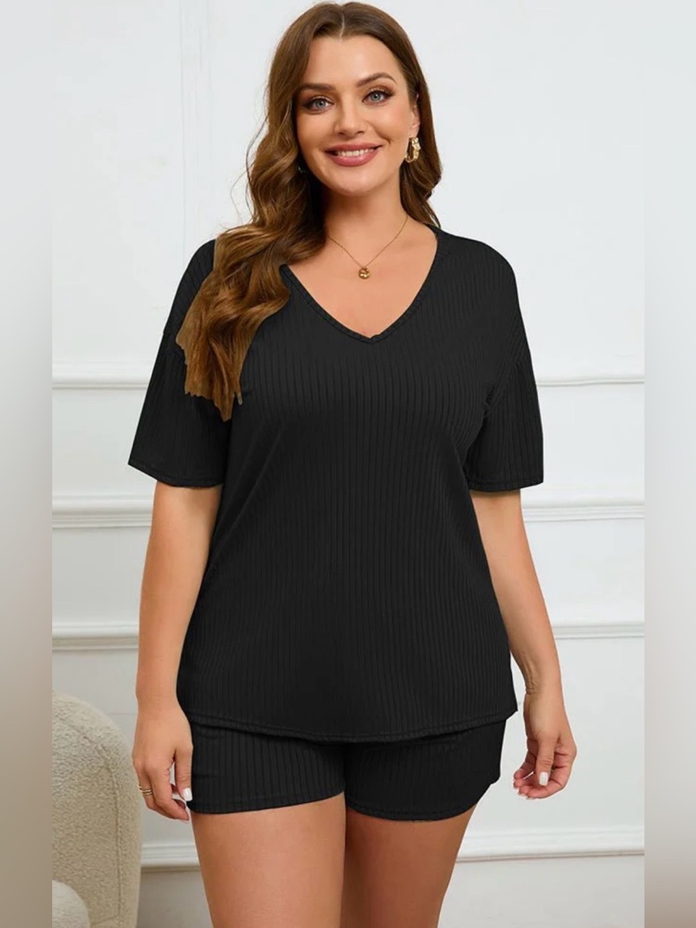 Ekouaer 2 Piece Waffle Knit Short SleeveTop and Shorts Set NWT
